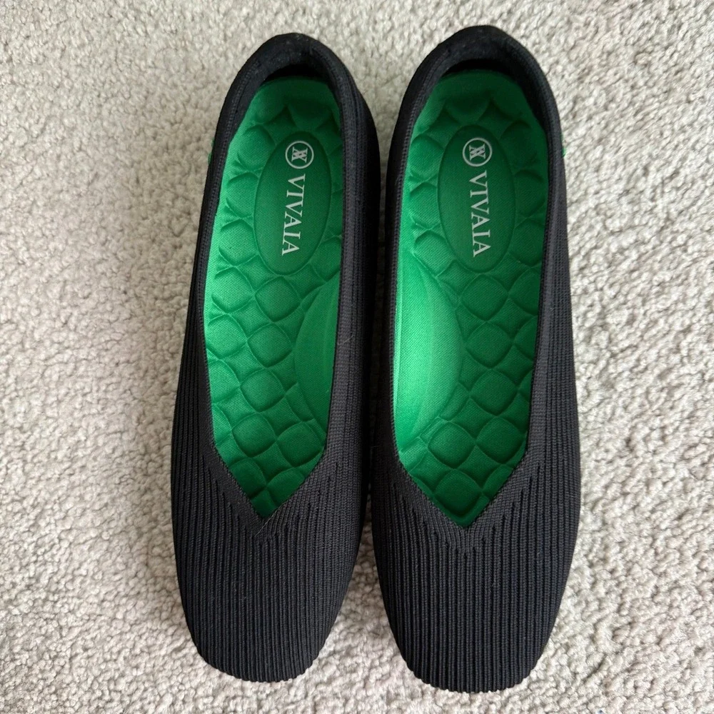 VIVAIA Women's Margot Square-Toe Flats Black Green Washable Knit Size 35 Preppy
